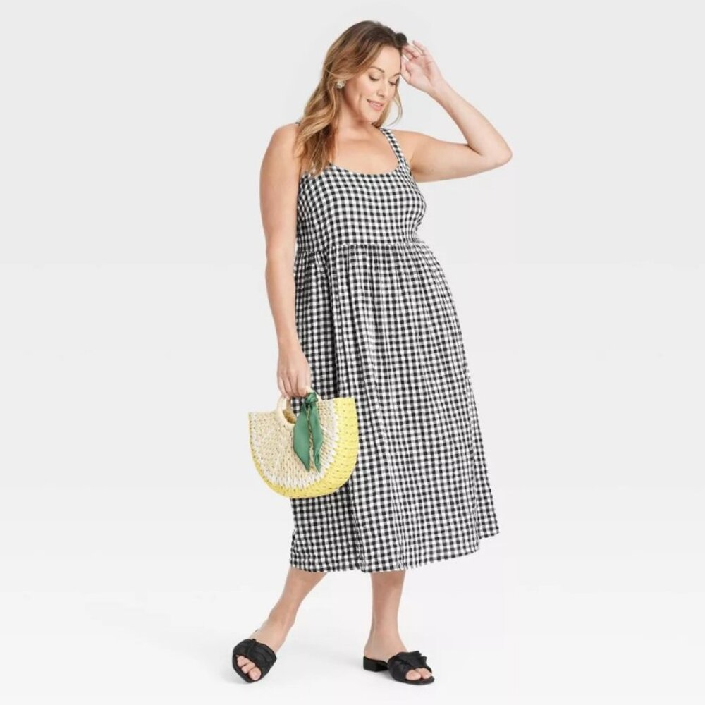 AVA & VIV Black and White Gingham Checkered Midi Empire Waist Sun Dress NWT 1X - Picture 3 of 3